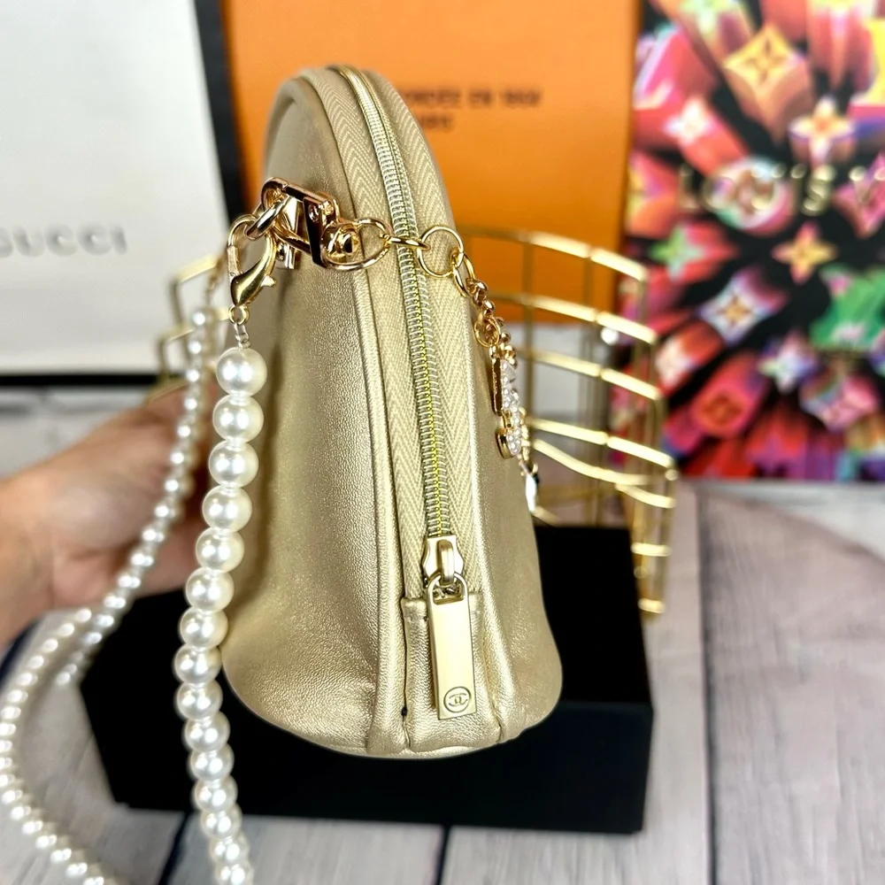 CHANEL gold metallic Crossbody pouch with bag charm and pearl chain - Picture 6 of 16